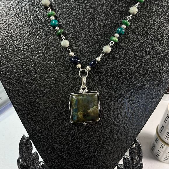 Handmade Laborite Cabochon Blue Gold Stone Jade Necklace & Earrings 20 inches - Picture 1 of 3